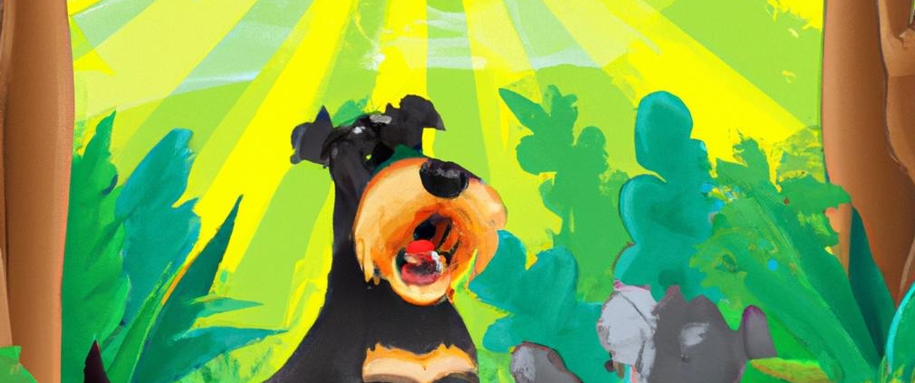 Emi giant schnauzer barking at a bear in a jungle with sun high in the sky, cartoon style