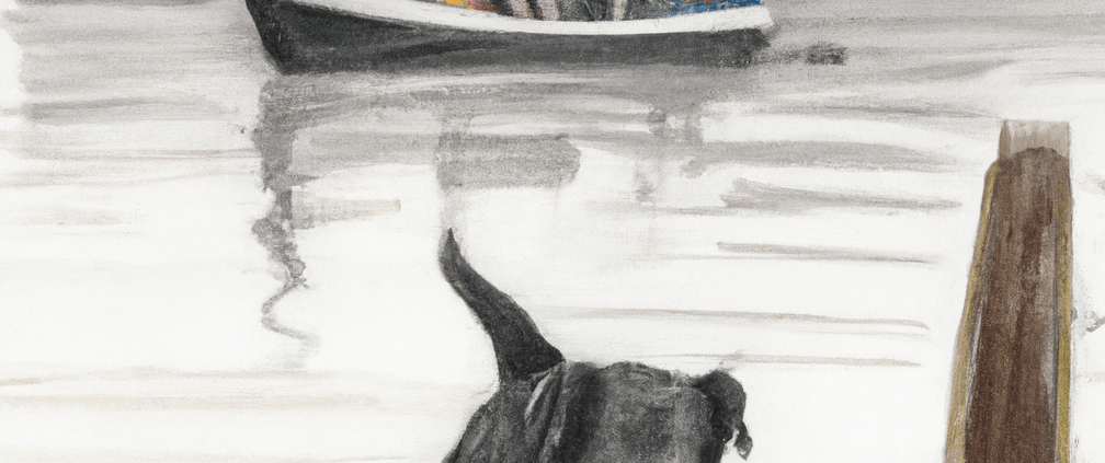 A pencil and watercolor painting of Emi the Giant schnauzer paddelboarding on a river with boat's in the background