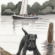 A pencil and watercolor painting of Emi the Giant schnauzer paddelboarding on a river with boat's in the background