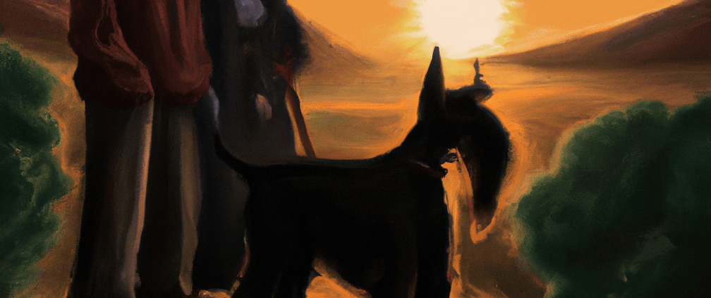 emi the giant schnauzer with a human grandmother and grandfather walken to the sunset