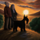 emi the giant schnauzer with a human grandmother and grandfather walken to the sunset