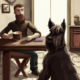 emi the giant schnauzer sitting in a kitchen watching otto the author trinking a cup of coffee