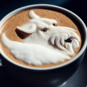 close up of a cup of coffee, in the cup floats milk foam in the shape of emi the giant schnauzer