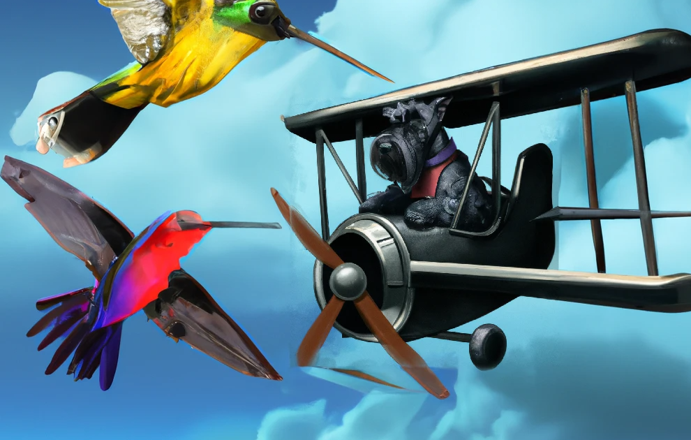 emi the giant schnauzer in a biplane airplane flying behind a Hummingbird