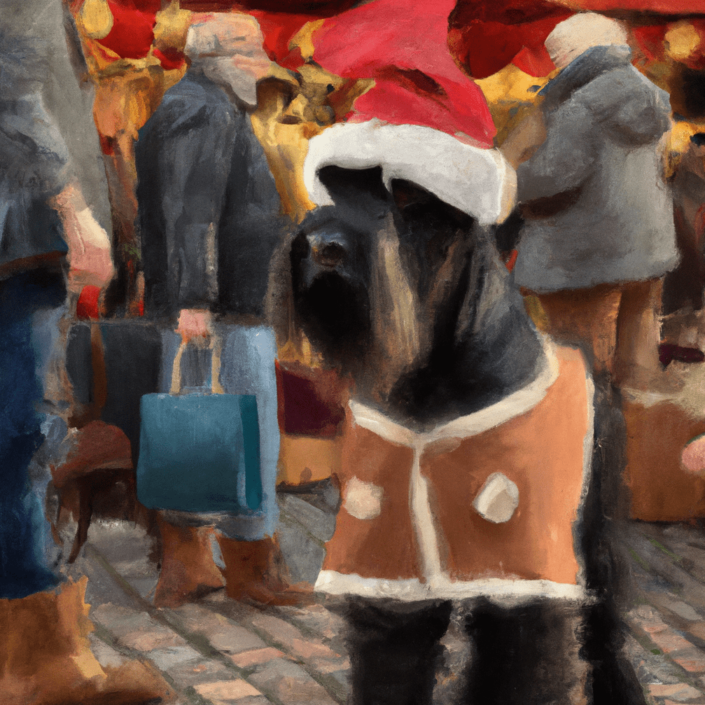 emi the giant schnauzer dressed as santa on a german christmas market